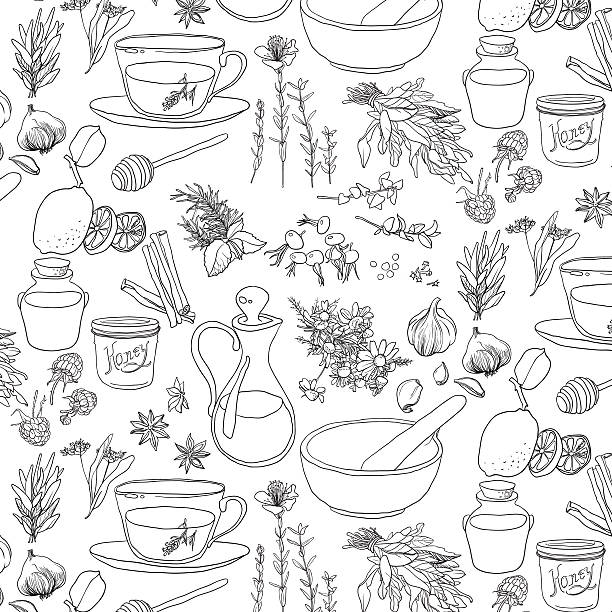 Objects and herbs to treat colds. Traditional medicine in the pattern star anise stock illustrations