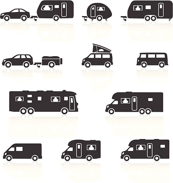 ilustraciones, imágenes clip art, dibujos animados e iconos de stock de camper, caravana, rv & motorhome iconos - rv