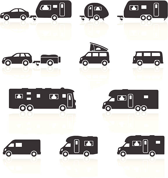 furgonetki, caravan, rv & motorhome ikony - mobile home illustrations stock illustrations