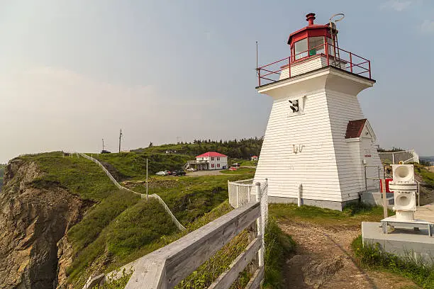 Foghorn in foreground  of historic Cape Enrage Lighthouse and Tourist Complex.