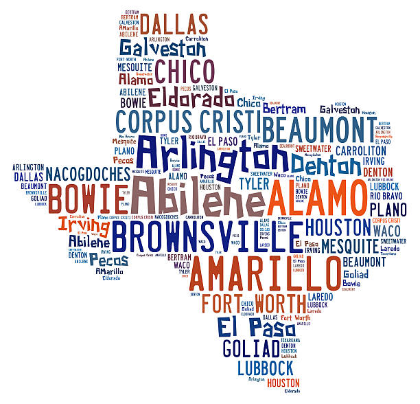 Word cloud showing the cities in Texas Word cloud shaped like Texas with the names of cities found in Texas abilene texas stock pictures, royalty-free photos & images