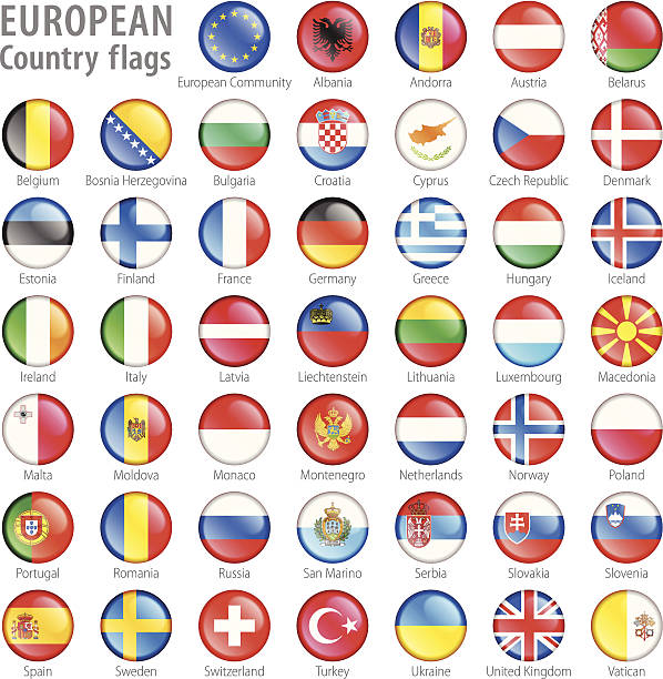 European National Flag Buttons Set Hi detail vector shiny buttons with all European flags. Every flag is isolated on it’s own layer, each properly named with its country name.  bosnia and herzegovina stock illustrations
