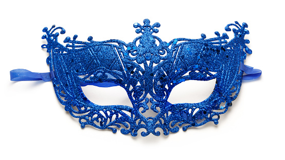 Blue lacy carnival mask on white background