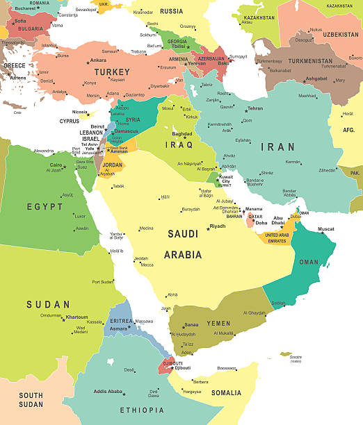 ilustrações de stock, clip art, desenhos animados e ícones de médio oriente e na ásia-mapa da ilustração - iran vector saudi arabia kuwait