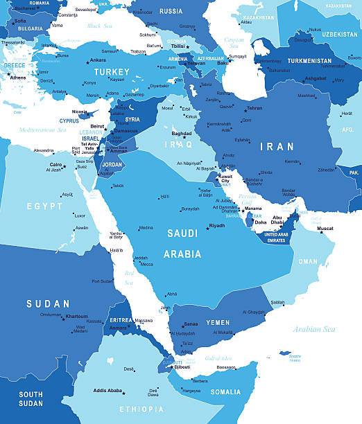 ilustrações de stock, clip art, desenhos animados e ícones de médio oriente e na ásia-mapa da ilustração - iran vector saudi arabia kuwait