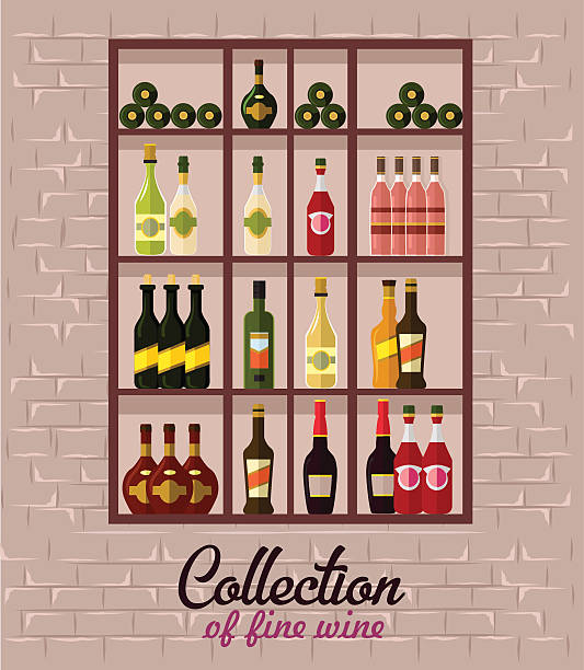 illustrazioni stock, clip art, cartoni animati e icone di tendenza di scaffali di bottiglie di vino - wine champagne bottle mulled wine