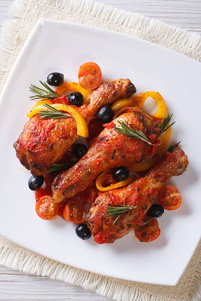 istock Chicken legs in tomato sauce on plate, vertical top view 480916994