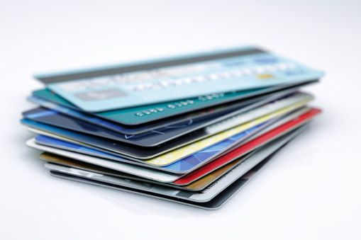 Photograph of a stack of credit / Back of the card, shot with very shallow depth of field