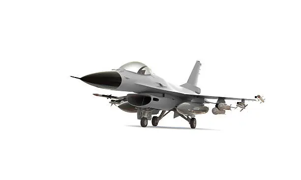 A model of an F-16 isolated on white