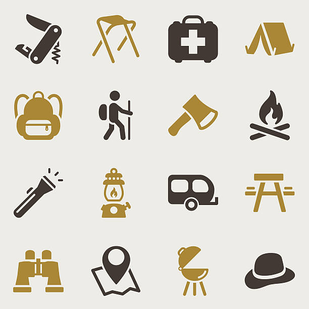 Camping Icons - Background Vector File of Camping Icons - Background related vector icons for your design or application. Raw style. Files included: vector EPS, JPG, PNG. See more in this series. film trailer music stock illustrations