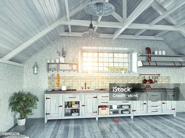 Kitchen In The Attic Stock Photo - Download Image Now - Kitchen, Loft Apartment, 2015
