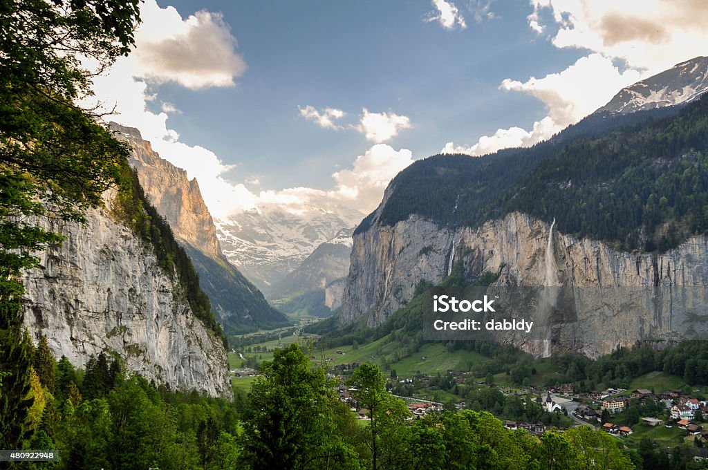 Beautiful Lauterbrunnen Valley in Switzerland Scenic view of Lauterbrunnen valley from Wengen town in Swiss Alps, Switzerland. 2015 Stock Photo