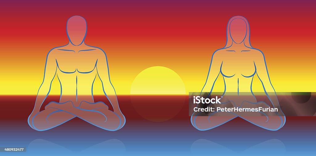 Dual Soul Meditation Dual Soul Meditation scenery, where a male and a female soul are levitating over the ocean at sunset. Adult stock vector