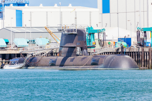 Submarine in a naval shipyard