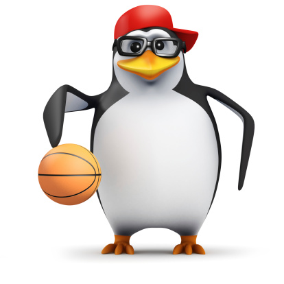 3d render of a penguin bouncing a basketball