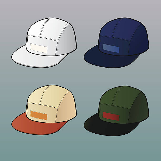 ilustraciones, imágenes clip art, dibujos animados e iconos de stock de juego de 5 tapas/snapbacks de panel - baseball cap hat multiple image color image