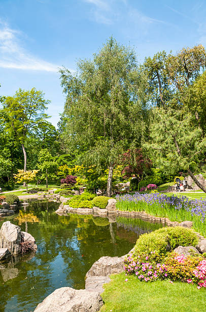 pittoresque lac et le jardin - ornamental garden europe flower bed old fashioned photos et images de collection