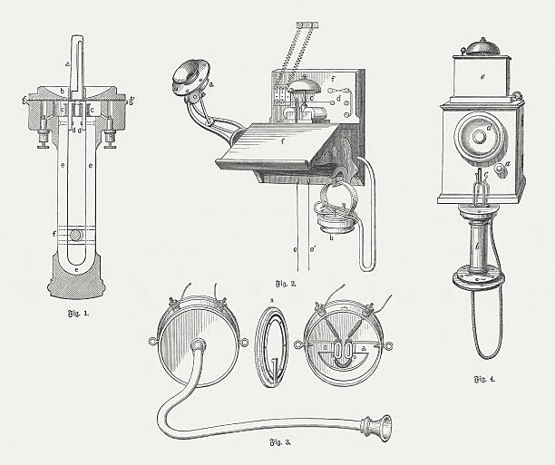 ilustraciones, imágenes clip art, dibujos animados e iconos de stock de antigua teléfonos, publicado en 1881 - image date audio