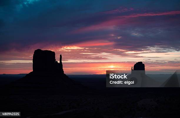 Monument Valley The Mittens At Dawn Stock Photo - Download Image Now - Arizona, Beauty In Nature, Cliff