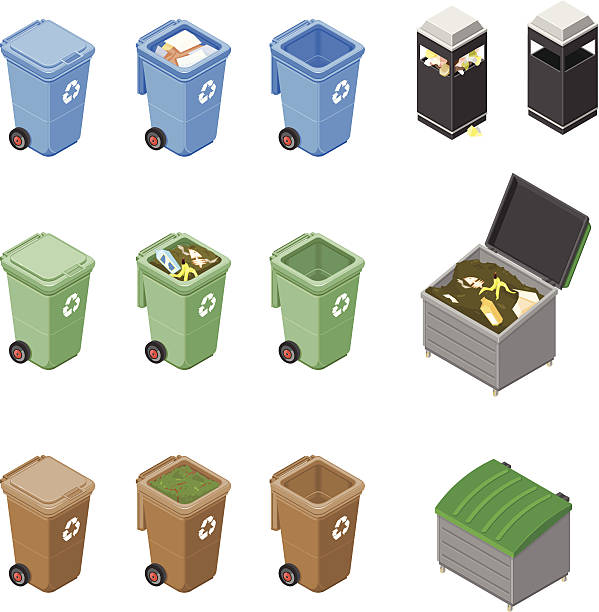illustrations, cliparts, dessins animés et icônes de isométrique poubelles de recyclage des déchets et ordures - poubelles