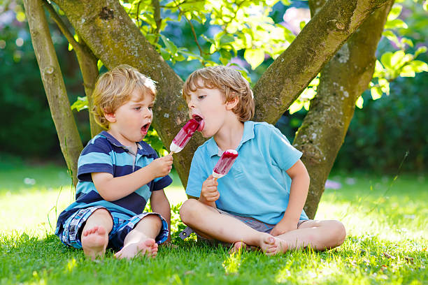 istock Two little sibling boys eating red ice cream outdoors 480947280
