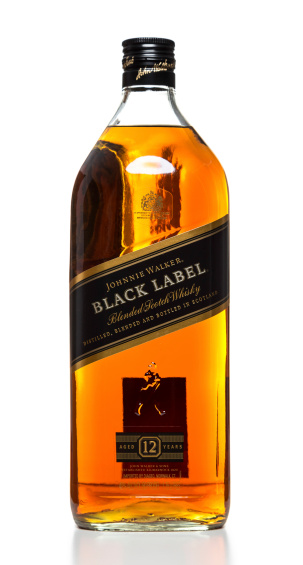 Miami, USA - March 14, 2014: Johnnie Walker Black Label aged 12 years 1.75 L bottle. Johnnie Walker brand is owned by Diageo Brands B.V.