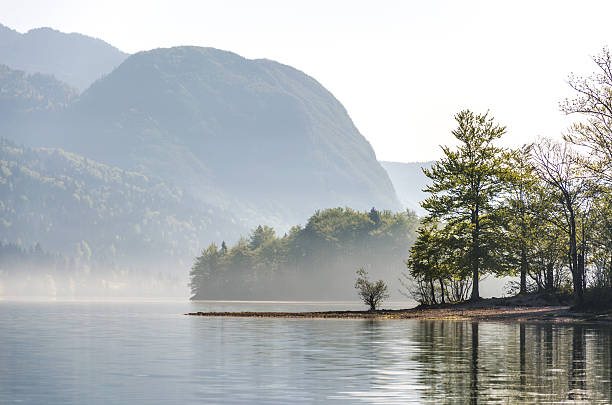 Morning mist on lake stock photo
