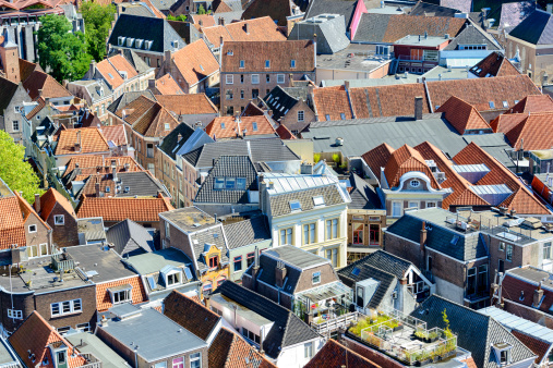 Aerial view of the rooftops of Kartoffelraekkerne neighborhood, in Oesterbro, Copenhagen, Denmark. The neighbourhood built in the late 1800s for working class families