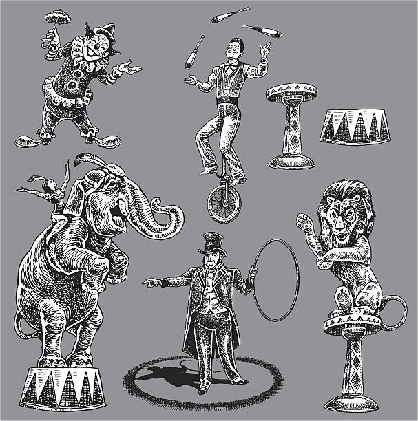 illustrazioni stock, clip art, cartoni animati e icone di tendenza di circus artisti, acrobat juggler, clown, suonerie - circus lion