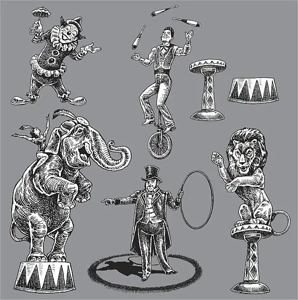 Vector illustration of Circus Performers, Acrobat, Juggler, Clown, Ring Leader
