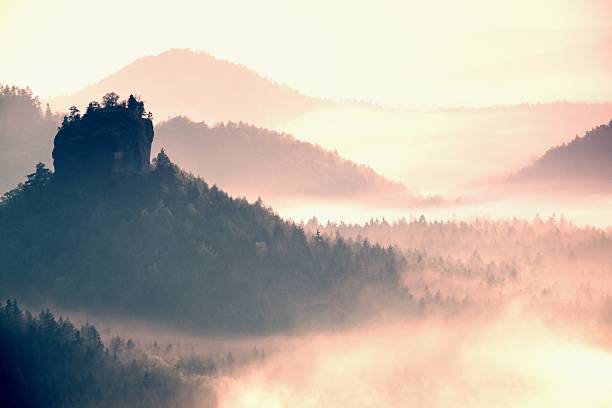 istock Misty landscape with fog between hills and mist within sunrise 480950682