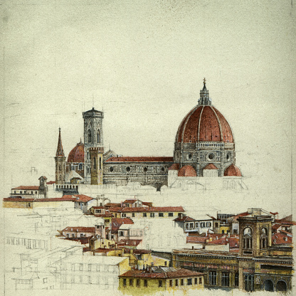 Architectural sketch of Florence, Italy. The historic centre and Duomo. Handmade painting, acrylic on paper, slightly processed.