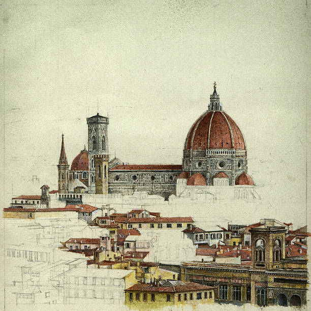 Florence Architectural sketch of Florence, Italy. The historic centre and Duomo. Handmade painting, acrylic on paper, slightly processed. medieval architecture stock illustrations