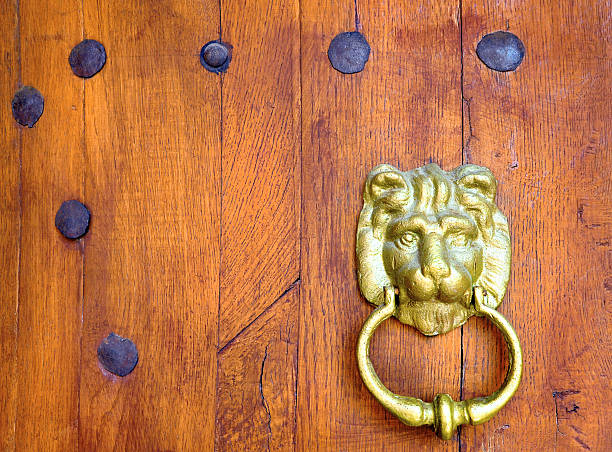 istock old wooden door with a lion head and iron rivets 480951510