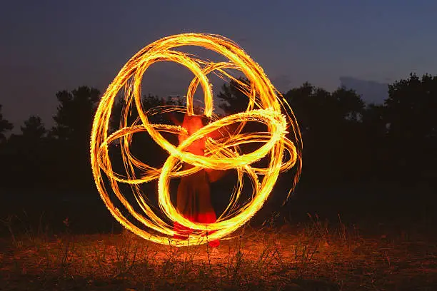 Fire dancer at night 