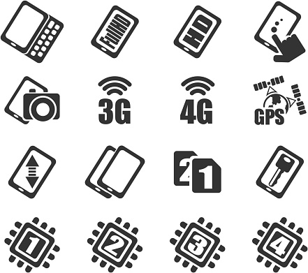 Mobile or cell phone, smartphone,  specifications and functions icons set. See also: