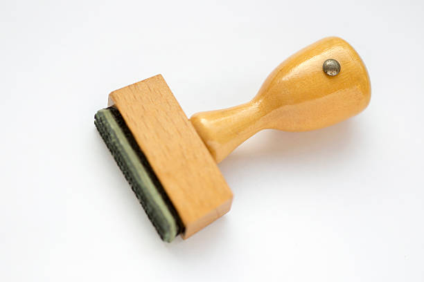 Aligned wooden childrens rubber stamps with animals
