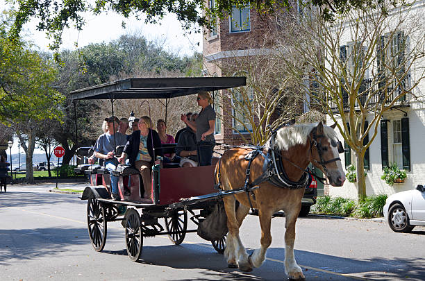 Charleston, South Carolina, USA - February 25, 2014: Visitors take a guided, horse-drawn carriage ride through the Historic District of Charleston, South Carolina. Charleston is the oldest and second-largest city in the southeastern State of South Carolina, and known for its history, architecture, gardens and restaurants.