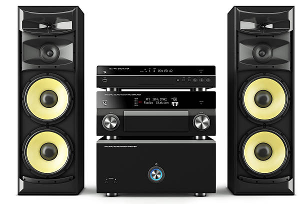 Hi-Fi stereo system Hi-Fi stereo system musical player, power receiver, yellow speakers, multimedia center yellow tape audio stock pictures, royalty-free photos & images