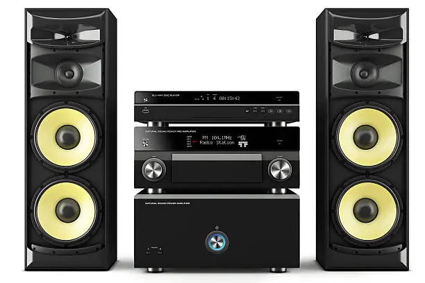 Hi-Fi stereo system musical player, power receiver, yellow speakers, multimedia center
