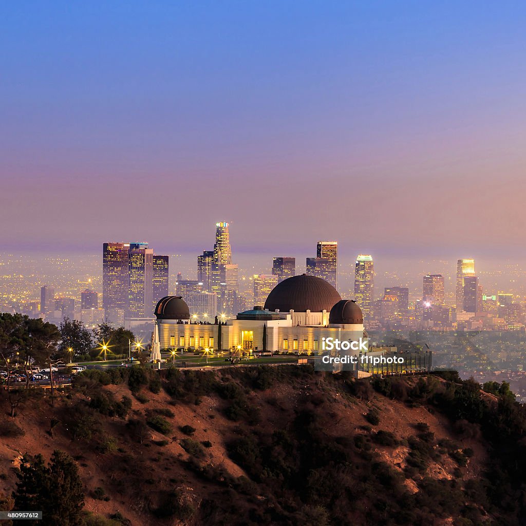 The Griffith Observatory and Los Angeles city skyline The Griffith Observatory and Los Angeles city skyline at twilight Griffith Park Observatory Stock Photo