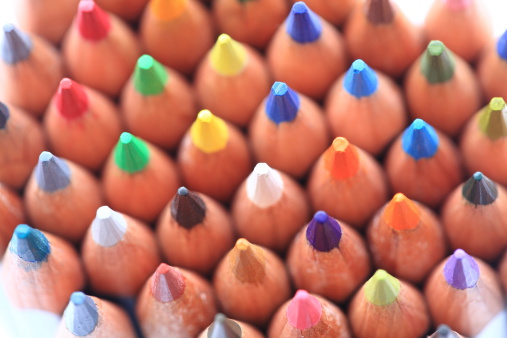 Colored pencils, a variety of colors. Macro close-up of the nib.
