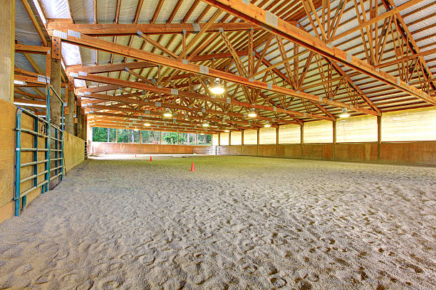 istock Large horse arena riding area with sand interior. 480963319