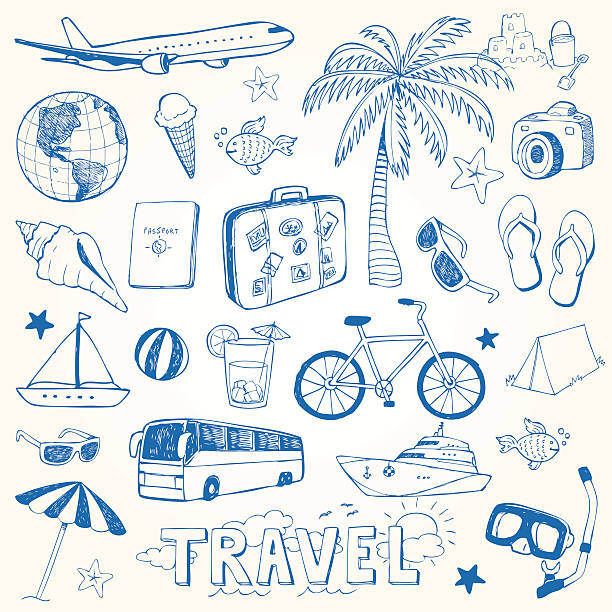 Hand drawn travel doodles vector illustration Hand drawn travel doodles vector illustration set beach drawings stock illustrations