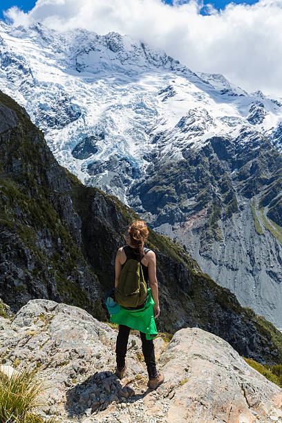 istock Woman Traveler with Backpack hiking in Mountains 480965346
