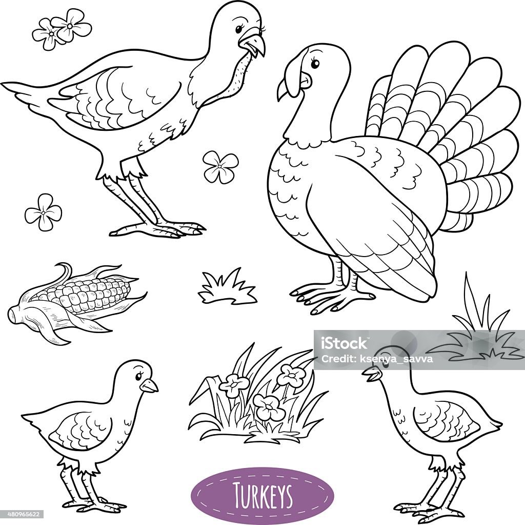 Set of cute farm animals and objects, vector family turkeys Colorless set of cute farm animals and objects, vector family turkeys Thanksgiving - Holiday stock vector