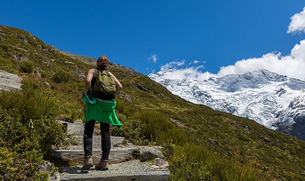 istock Woman Traveler with Backpack hiking in Mountains 480965646