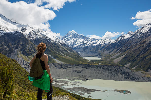 istock Woman Traveler with Backpack hiking in Mountains 480965652