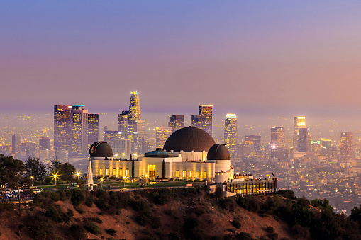 The Griffith Observatory and Los Angeles city skyline at twilight