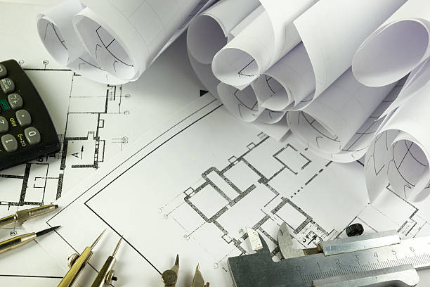 istock Architectural project, blueprints, divider compass, calipers, pencil, calculator on plans 480966118